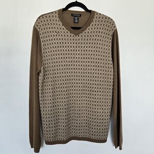 Kenneth Cole New York Tan Brown Geometric Wool Blend Sweater Size XL Retro Y2K